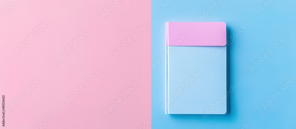 Rectangular small notepad in pink and blue hues on white background with copy space image Rectangular small notepad in pink and blue hues on white background with copy space image
