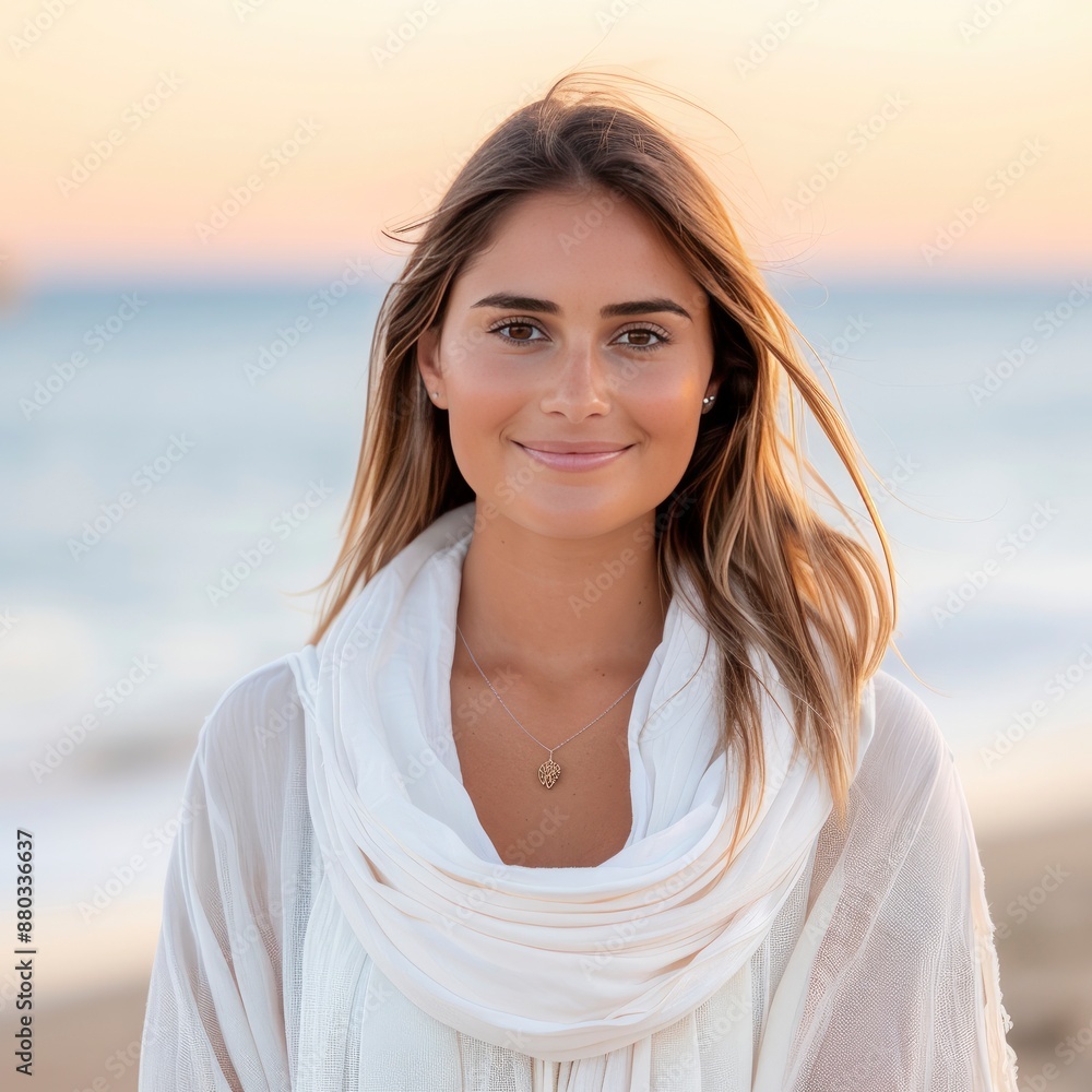 Woman with long hair wearing boho scarf wrapped around shoulders, standing on beach at sunset. Woman with long hair wearing boho scarf wrapped around shoulders, standing on beach at sunset.