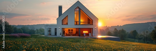 Modern House with Sunset View in a Field of Flowers