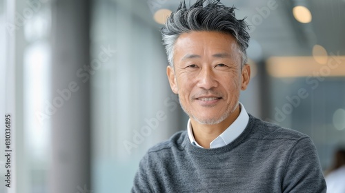 A man with a gray beard and a gray sweater is smiling photo