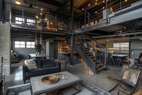 Two-level urban loft with high ceilings and an industrial vibe, featuring metal staircases, a contemporary living area with a concrete coffee table, and a dining space with steel chairs.