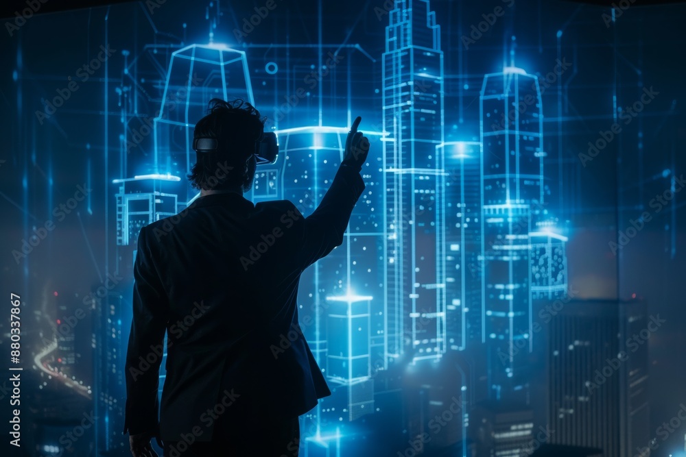 Virtual reality innovation: businessman demonstrates holographic architecture Virtual reality innovation: businessman demonstrates holographic architecture