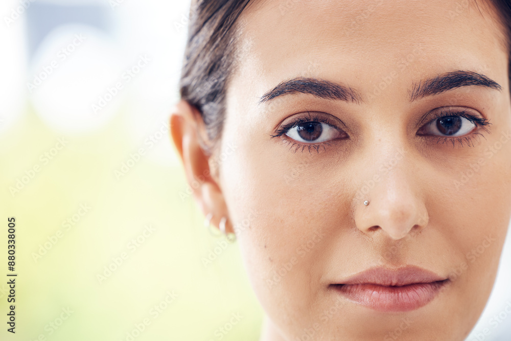 Woman, portrait and eye care or serious for vision with optical test, contact lenses or eyesight checkup. Optometry, person and face with mockup space, focus and prescription exam with nose piercing Woman, portrait and eye care or serious for vision with optical test, contact lenses or eyesight checkup. Optometry, person and face with mockup space, focus and prescription exam with nose piercing