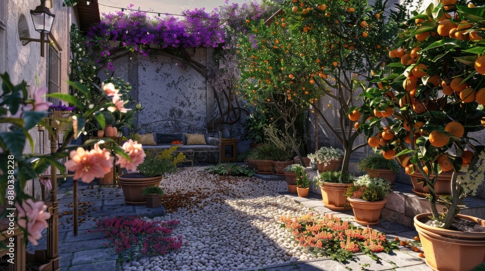 Fototapeta premium A small, charming courtyard garden with potted citrus trees, blooming flowers, and a cozy seating area.