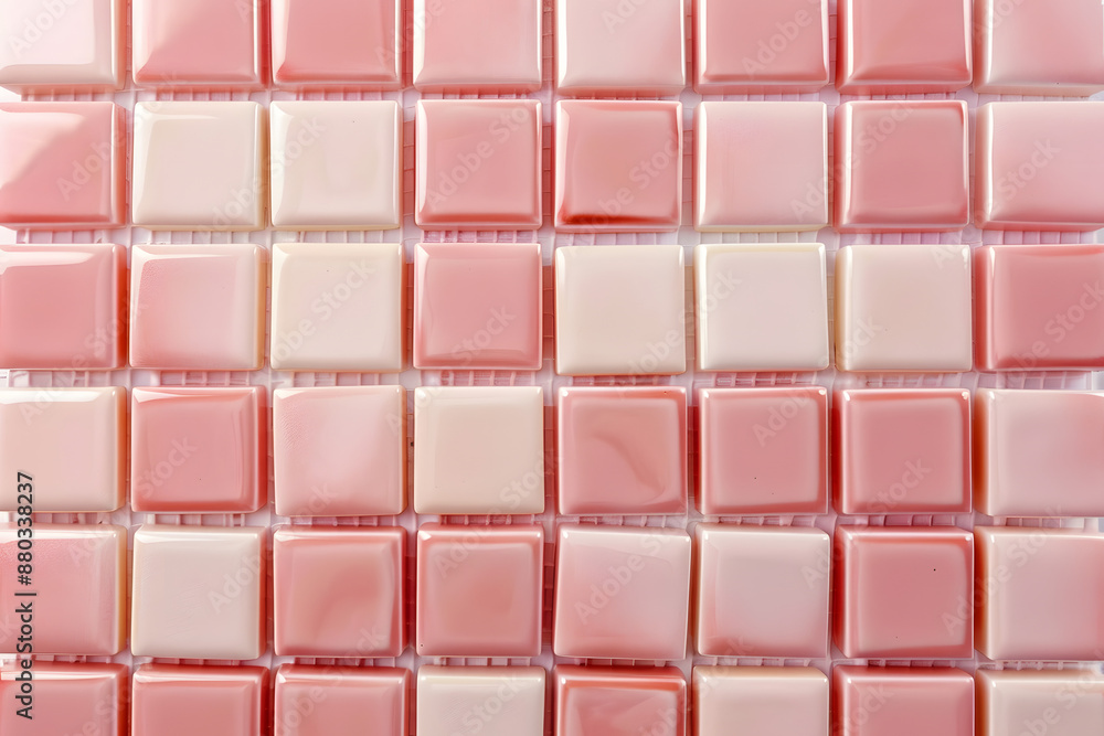 Soft focus pink peach tone ceramic tiles arranged in a staggered pattern on a plain background, creating a calming and minimalist textured design element. Soft focus pink peach tone ceramic tiles arranged in a staggered pattern on a plain background, creating a calming and minimalist textured design element.