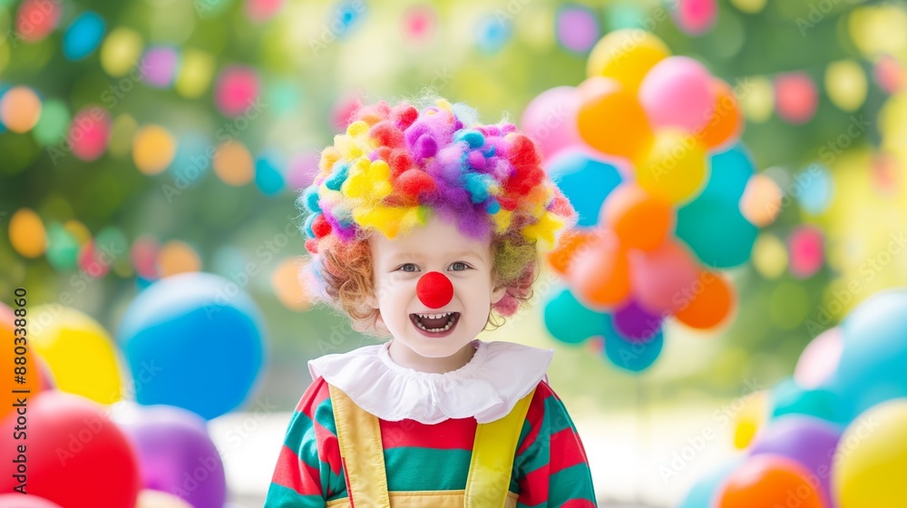 Happy Child in Clown Costume with Colorful Wig and Red Nose at Outdoor Party with Balloons Happy Child in Clown Costume with Colorful Wig and Red Nose at Outdoor Party with Balloons