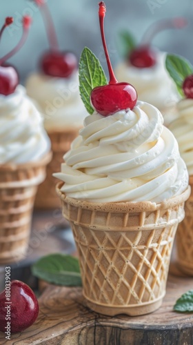 A close-up of cupcakes adorned with fluffy whipped cream swirls and juicy red cherries on top