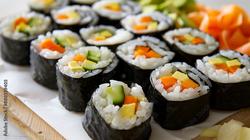 Freshly made sushi rolls with avocado and vegetables Freshly made sushi rolls with avocado and vegetables