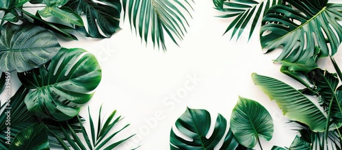 A vibrant design crafted from tropical leaves on a white backdrop embodying a simple yet exotic summer theme with a designated area for additional content or text