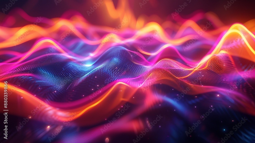 Fototapeta premium Abstract futuristic 3d render of blurry glowing wave and neon lines in digital fantasy wallpaper, spiritual energy concept with bright illuminated elements and cyber technology theme