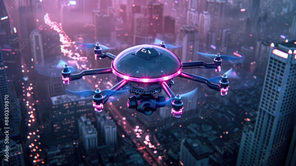 Fototapeta premium A smart air purifier drone flying through a city to monitor air quality