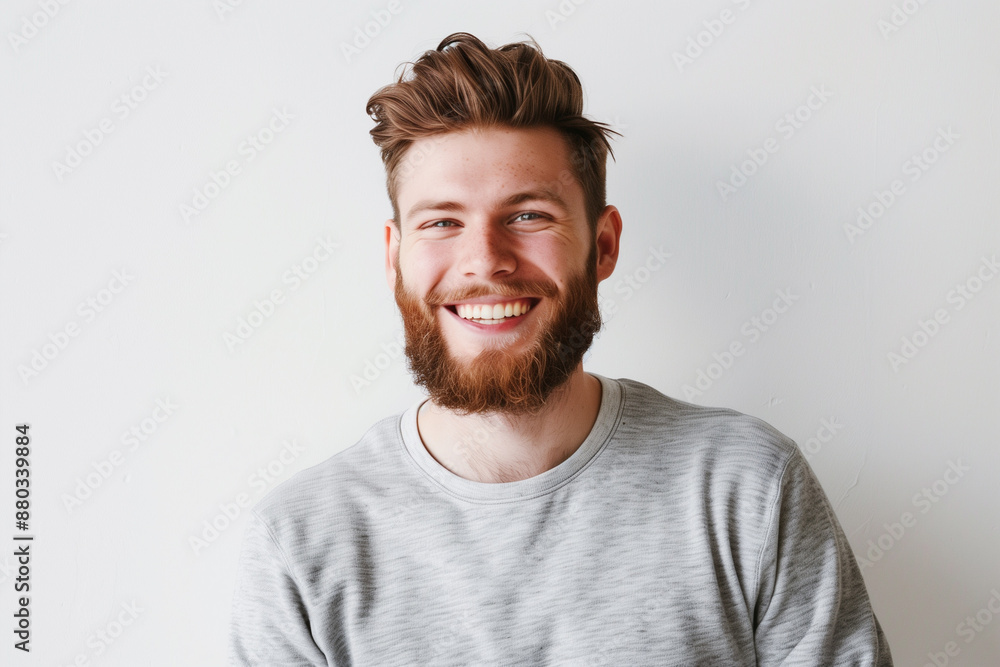 Smiling bearded Caucasian man, wearing a sweatshirt, standing on white background Smiling bearded Caucasian man, wearing a sweatshirt, standing on white background