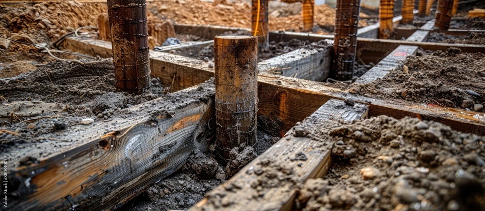 Construction of a new room is imminent as holes have been dug and large wooden poles placed in the ground as shown in the copy space image Construction of a new room is imminent as holes have been dug and large wooden poles placed in the ground as shown in the copy space image