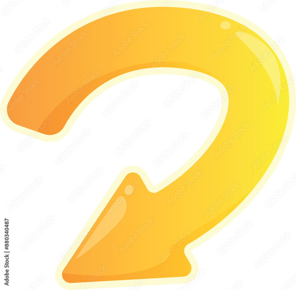 Glossy yellow arrow pointing up and turning back, with a modern and minimalist style Glossy yellow arrow pointing up and turning back, with a modern and minimalist style