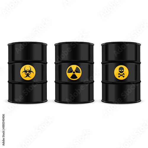 Three black barrels with hazard symbols: biohazard, radioactive, toxic. Vector