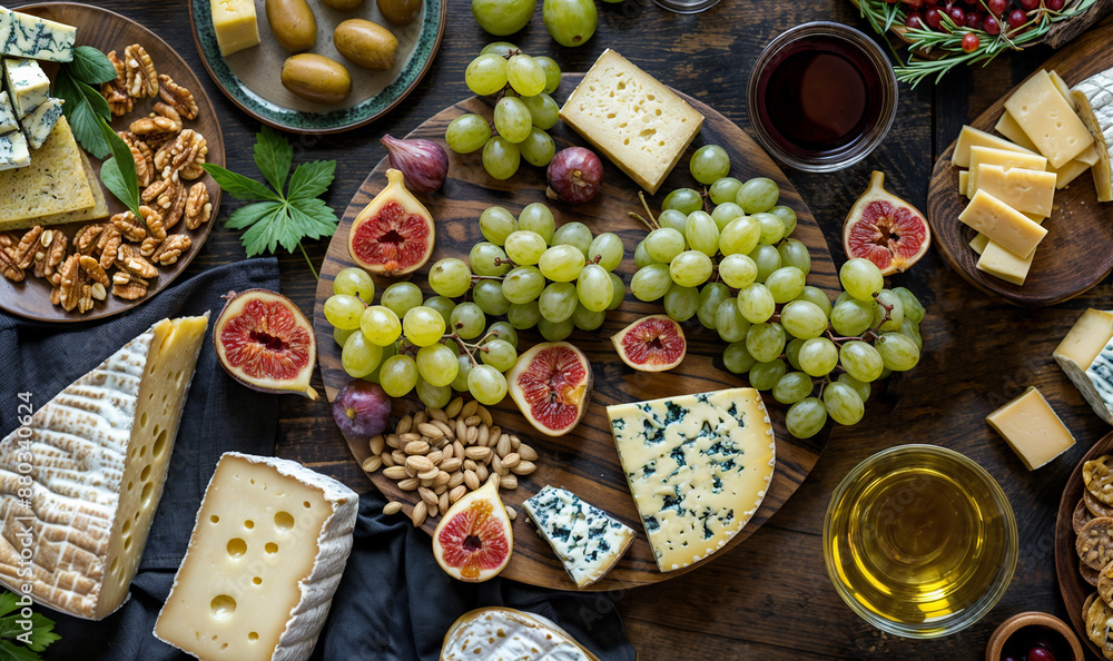 Fototapeta premium Cheese platter seen from above with figs and grapes, nuts and olives. Festive dinner aperitif