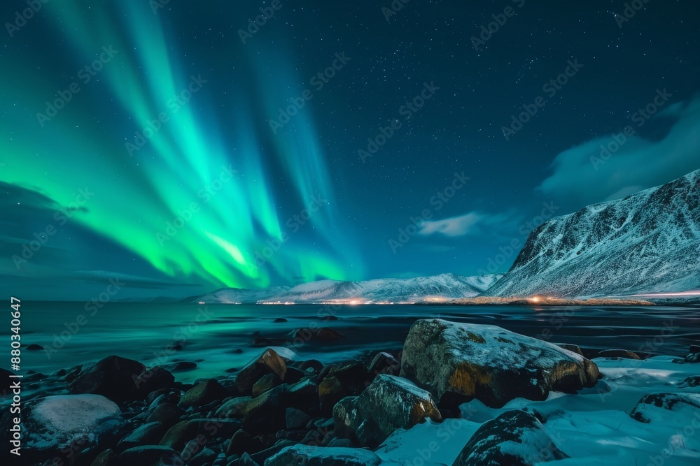 Northern lights dance above a mountain range, creating a stunning natural light show, A scene of the Northern Lights over a Scandinavian landscape, AI generated Northern lights dance above a mountain range, creating a stunning natural light show, A scene of the Northern Lights over a Scandinavian landscape, AI generated