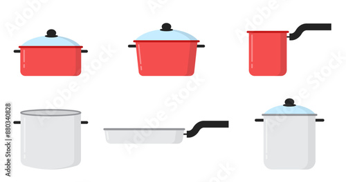 Set of pan cooking pots with diffrent size stainless metal cartoon illustration clipart