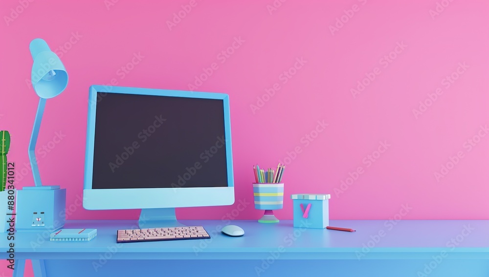 Minimalist Blue and Pink Desk with Computer and Accessories Minimalist Blue and Pink Desk with Computer and Accessories
