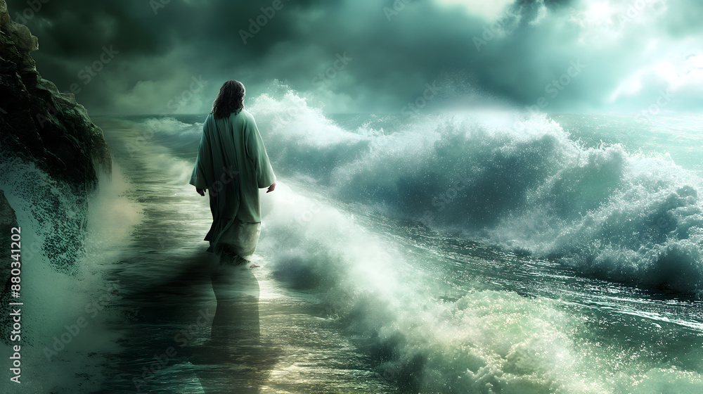 Fototapeta premium Jesus walks on water and calms the sea as in bible