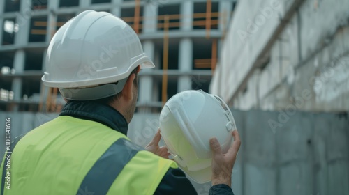 A construction worker in a reflective green vest and protective suit holds a white safety helmet. He stands on a concrete floor, embodying the concept of safety workwear. photo