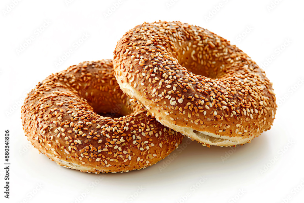 two sesame bagels on a white surface two sesame bagels on a white surface