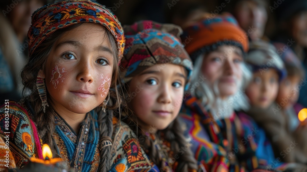 Fototapeta premium Cultural storytelling, elders and children, traditional garments, village setting, warm lighting