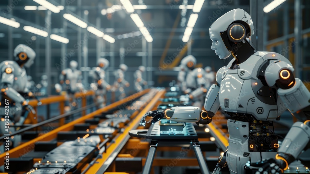 A smart factory with robots collaborating on an assembly line A smart factory with robots collaborating on an assembly line