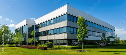 Exterior of a contemporary office building with a clean and sleek appearance featuring ample copy space image for promotional material