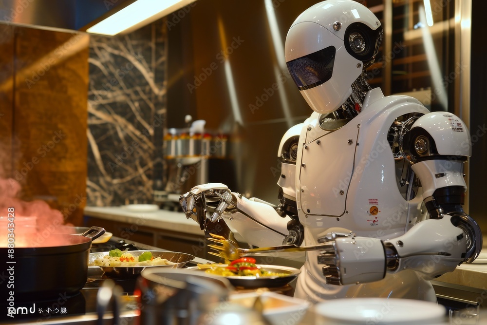 A robotic chef working in a restaurant setting, A robotic chef preparing a five-star meal, AI generated A robotic chef working in a restaurant setting, A robotic chef preparing a five-star meal, AI generated