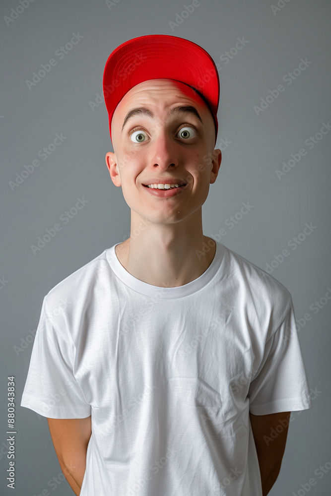 Skinny bald young man with wide open eyes happy face Skinny bald young man with wide open eyes happy face