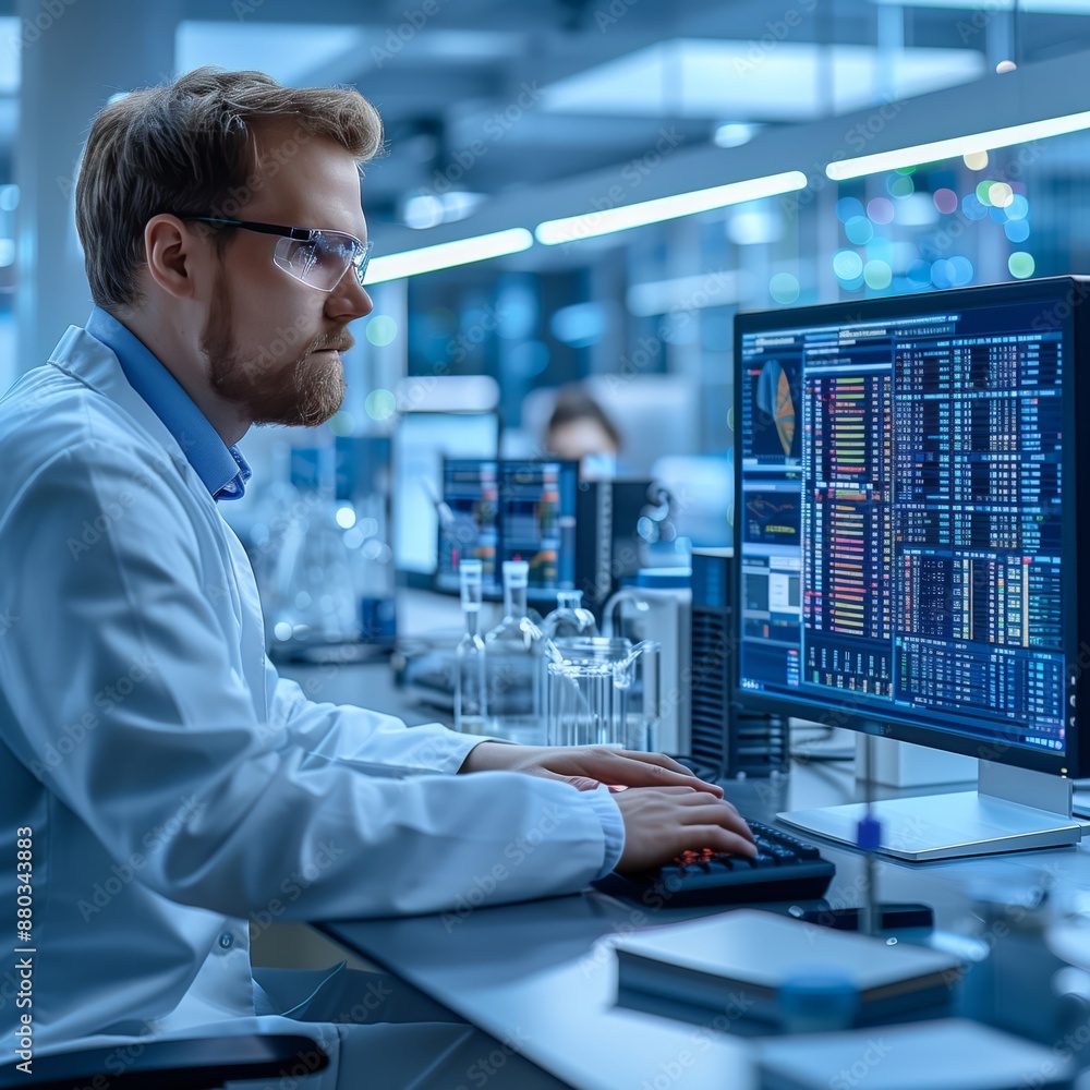 A researcher analyzes detailed data sets on a high-performance computer in a modern lab A researcher analyzes detailed data sets on a high-performance computer in a modern lab