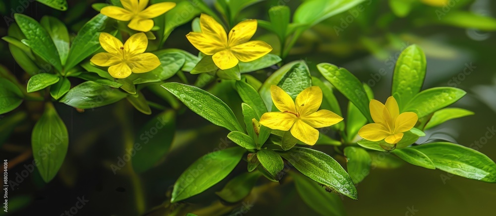 Obraz premium Ludwigia Sedioides also called Mosaic Plant or False Loosestrife is an aquatic plant that can add a striking touch to any setting with bright green leaves and yellow flowers on its stems making it a