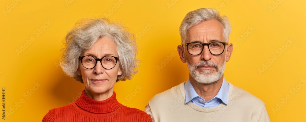 Senior couple with glasses posing against a vibrant yellow background. Both wear neutral expressions and showcase aging gracefully with style. Senior couple with glasses posing against a vibrant yellow background. Both wear neutral expressions and showcase aging gracefully with style.