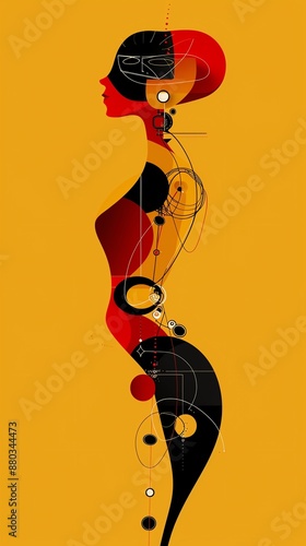 An illustration of a woman in a red dress with black and yellow accents. The woman's body is made up of geometric shapes and lines.