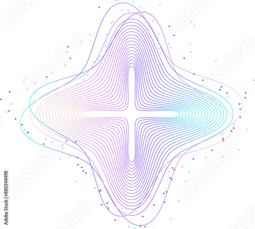 Abstract design featuring concentric, wave-like lines forming cross shape in  center, with soft gradient transitioning from purple to blue, and scattered dots around