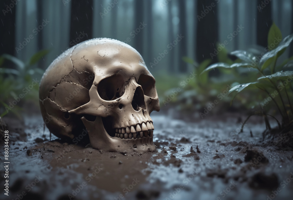 Close-up of a skull in the mud in a forest scene in rainy night, blurred background Close-up of a skull in the mud in a forest scene in rainy night, blurred background