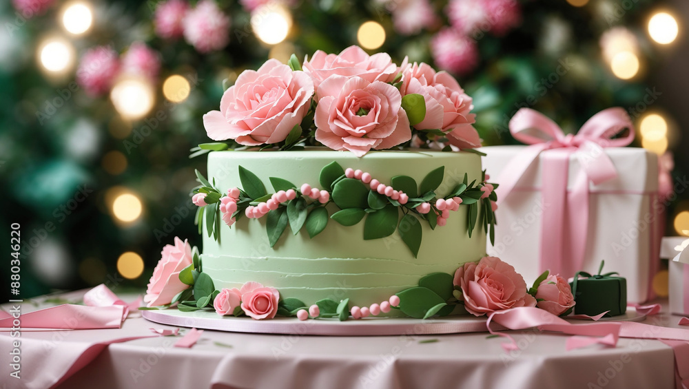 A white cake with green and gold frosting, decorated with gold stars. There are also some gold confetti and a glass of green liquid in the background.
A white cake with green and gold frosting, decorated with gold stars. There are also some gold confetti and a glass of green liquid in the background.