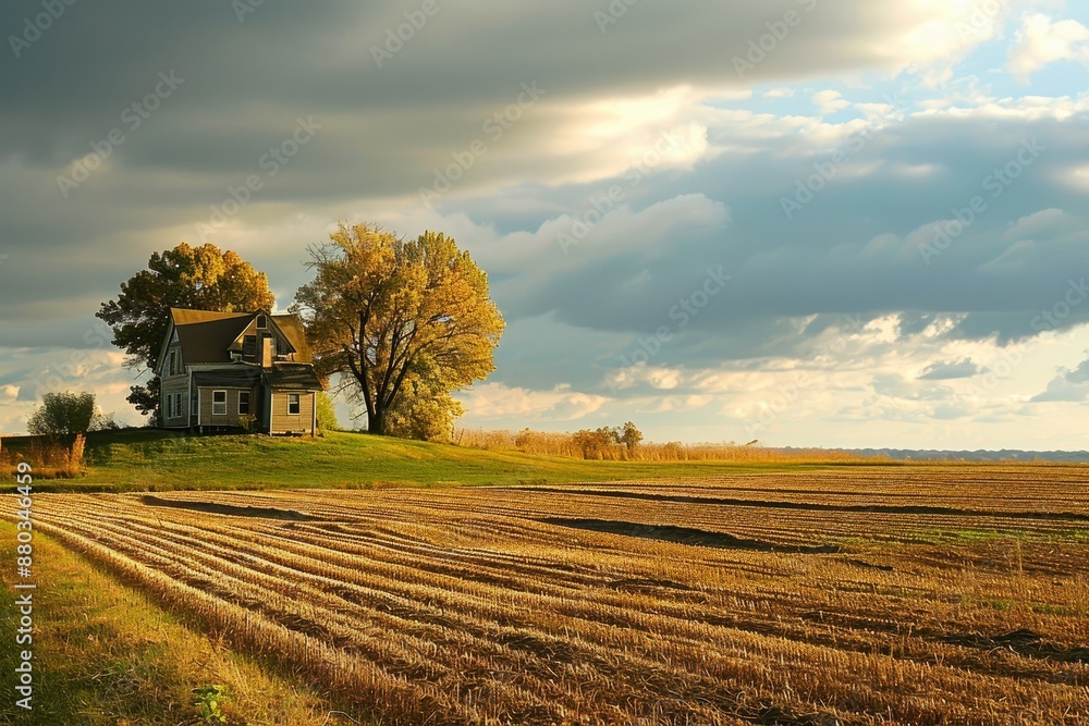 Scenic rural landscape with rolling hills, green fields, and a clear blue sky, A picturesque countryside with fields and a farmhouse, AI generated Scenic rural landscape with rolling hills, green fields, and a clear blue sky, A picturesque countryside with fields and a farmhouse, AI generated