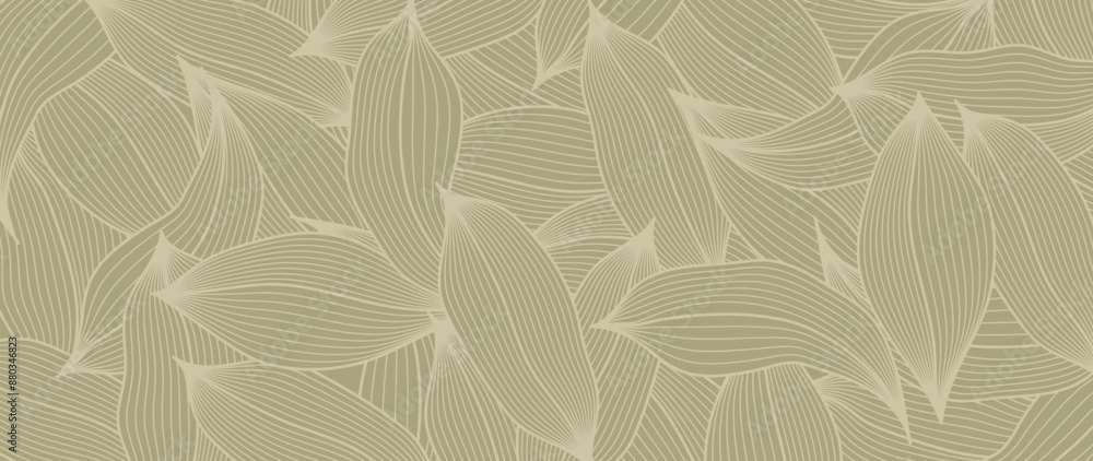 Obraz premium Abstract foliage line art vector background. Leaf wallpaper of tropical leaves, leaf branch, plants in hand drawn pattern. Botanical jungle illustration for banner, prints, decoration, fabric.