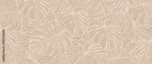 Beige monstera leaf line art wallpaper background vector. Luxury natural hand drawn foliage pattern design in minimalist linear contour simple style. Design for fabric, cover, banner, invitation.