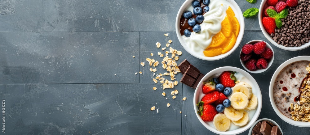 Healthy breakfast concept with a frame of oatmeal bowls topped with chocolate fruit and yogurt set against a gray tiles background perfect for a copy space image Healthy breakfast concept with a frame of oatmeal bowls topped with chocolate fruit and yogurt set against a gray tiles background perfect for a copy space image