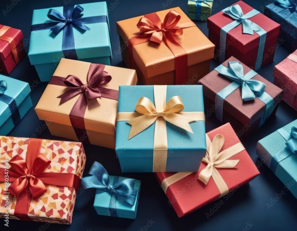 Colorful Wrapped Gift Boxes on Blue Background. Generative AI Colorful Wrapped Gift Boxes on Blue Background. Generative AI
