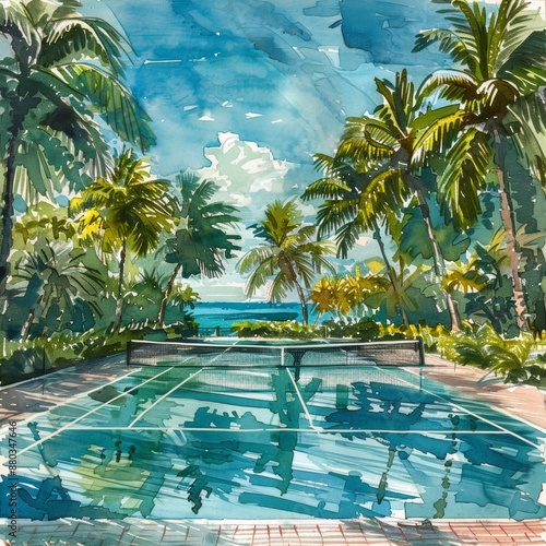 Serene Tennis Court Paradise on Tropical Island with Crystal-Clear Waters, Palm Trees & Exotic Wildlife - Vibrant Watercolor Scene