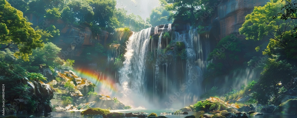 A photorealistic depiction of a powerful waterfall cascading down a rocky cliff, its mist creating a rainbow in the sunlight, surrounded by lush greenery. A photorealistic depiction of a powerful waterfall cascading down a rocky cliff, its mist creating a rainbow in the sunlight, surrounded by lush greenery.