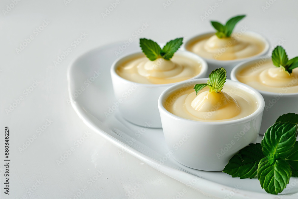 a white plate topped with four small cups of pudding a white plate topped with four small cups of pudding