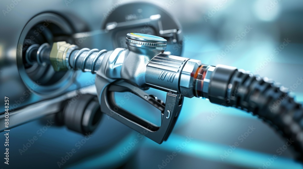 Close-up View of Fuel Nozzle Inserted into Car Gas Tank - Clean Metallic Surfaces and Fuel Flow Detail Close-up View of Fuel Nozzle Inserted into Car Gas Tank - Clean Metallic Surfaces and Fuel Flow Detail