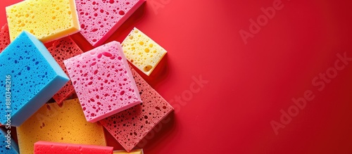 Colorful sponges on a red b...