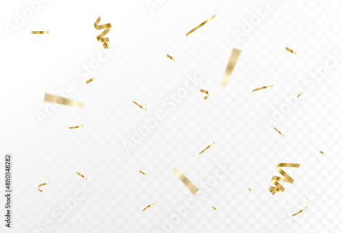 Confetti explosion on transparent background. Pieces of shiny gold paper flying and spreading. rotating ,simple design