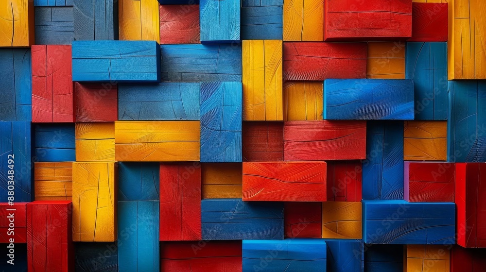 An abstract composition featuring a grid of colorful interlocking blocks The design uses bold primary colors red An abstract composition featuring a grid of colorful interlocking blocks The design uses bold primary colors red